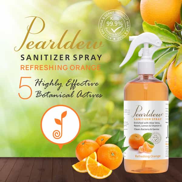 Pearldew Sanitizer Spray (Orange) 500 Ml | Aloe & Neem | Paraben Free (Pack Of 2)