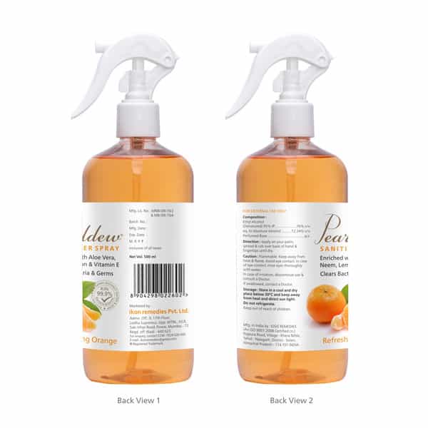 Pearldew Sanitizer Spray (Orange) 500 Ml | Aloe & Neem | Paraben Free (Pack Of 2)