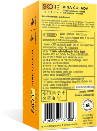 Skore Pina Colada Flavoured With Additional Lubrication 1500+ Dots Condom 10 No'S