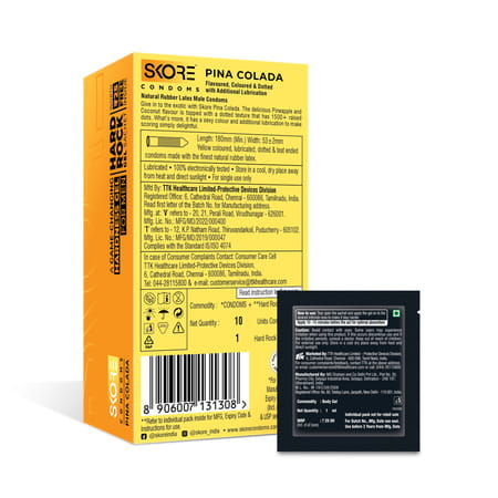Skore Pina Colada Flavoured With Additional Lubrication 1500+ Dots Condom 10 No's