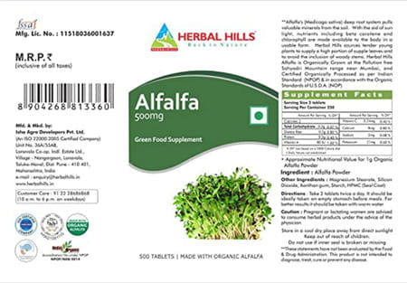 Herbal Hills Organic Alfalfa Tablets - 500 Tablet - Green Food Supplement
