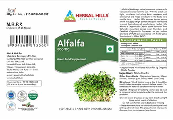 Herbal Hills Organic Alfalfa Tablets - 500 Tablet - Green Food Supplement