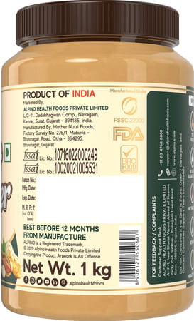 Alpino High Protein Natural Peanut Butter Smooth 1 Kg | Unsweetened | 100% Plant Based
