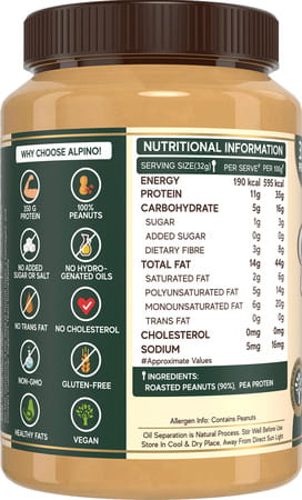 Alpino High Protein Natural Peanut Butter Smooth 1 Kg | Unsweetened | 100% Plant Based