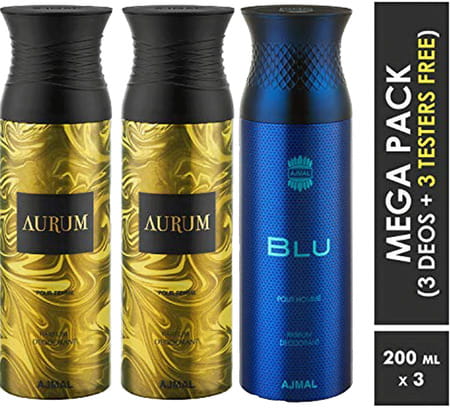 Ajmal Aurum & Aurum & Blu Deodorant Spray - For Men & Women (200 Ml Pack Of 3)