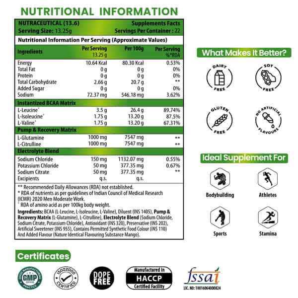 Naturyz Instantized Bcaa 7000 Pro With 7G Bcaas Glutamine For Lean Muscle Mass, Energy - 300G(Mango)