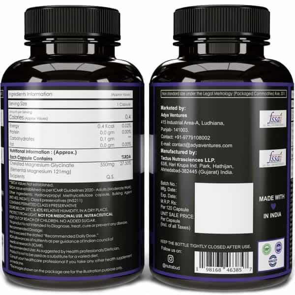 Nutrabud Magnesium Glycinate 550Mg | High Absorption | 120 Veg Capsules