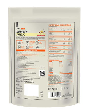 Fuel One Whey Max | Whey Protein Concentrate | Whey Protein Isolate | 27g Protein (Vanilla | 1kg)