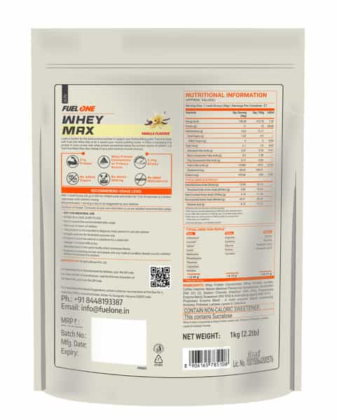 Fuel One Whey Max | Whey Protein Concentrate | Whey Protein Isolate | 27G Protein (Vanilla | 1Kg)