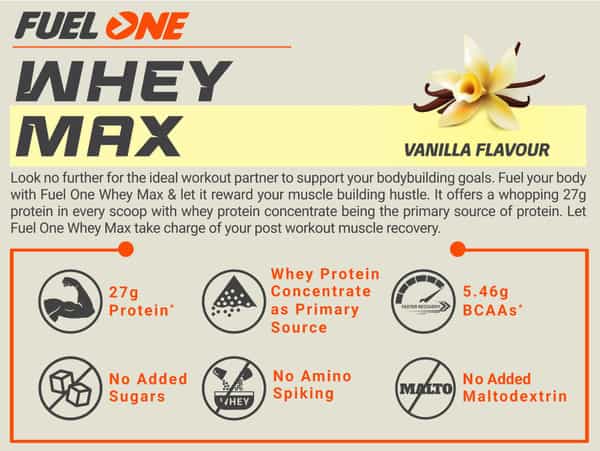 Fuelone Whey Max Protein Blend | Vanilla | 1Kg (2.2Lbs) | 27G Protein Per Scoop