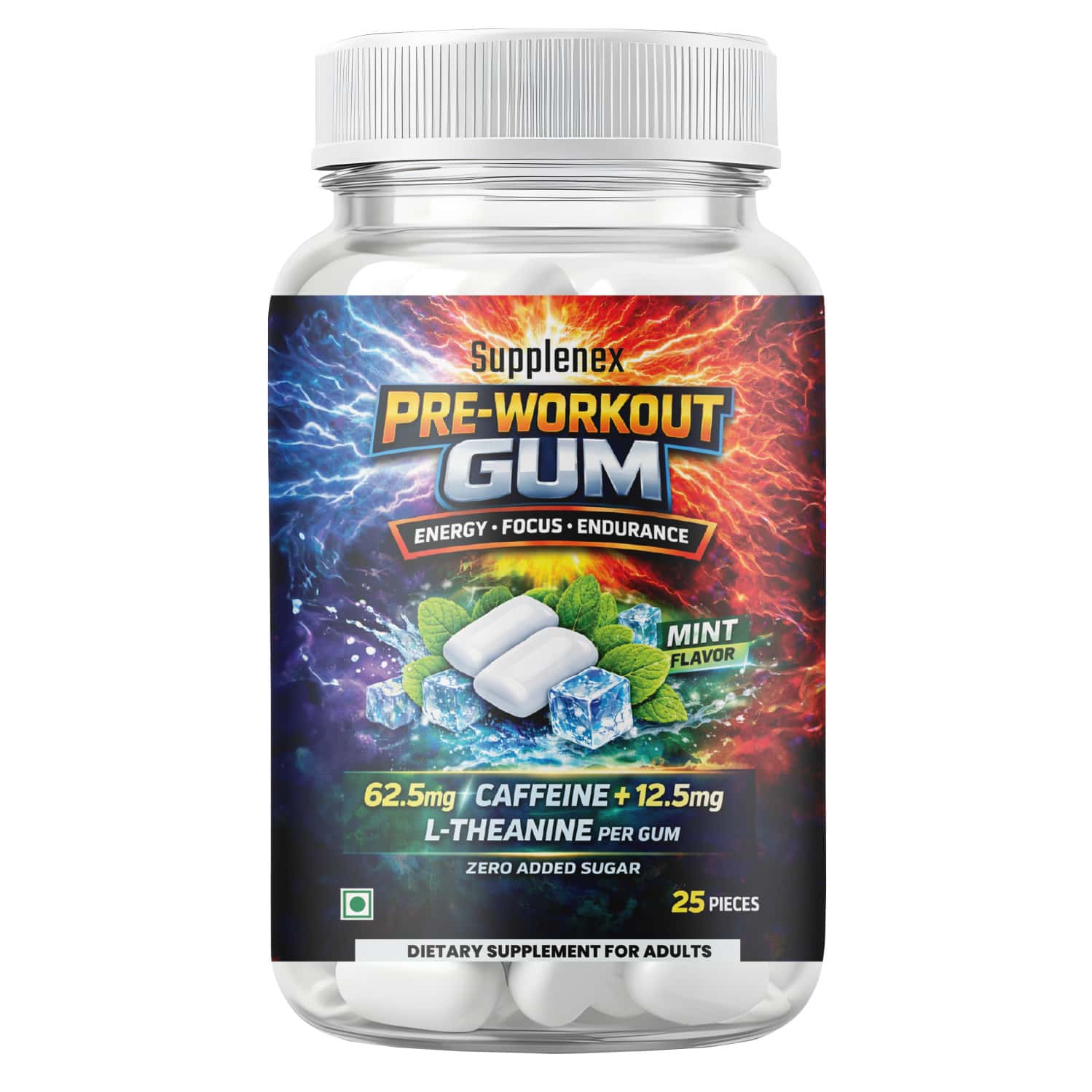 Supplenex Pre Workout Gum Caffeine + Taurine + Theanine For Strength| Energy And Pump (25 Gums)
