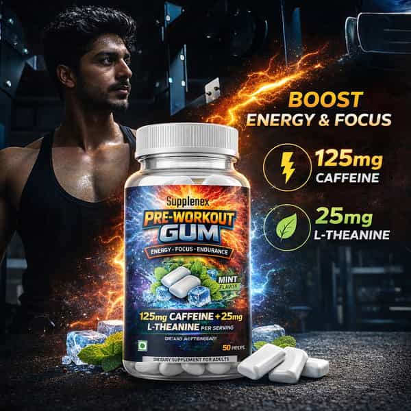 Supplenex Pre Workout Gum Caffeine + Taurine + Theanine For Strength| Energy And Pump (25 Gums)