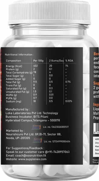 Supplenex Pre Workout Gum Caffeine + Taurine + Theanine For Strength| Energy And Pump (25 Gums)