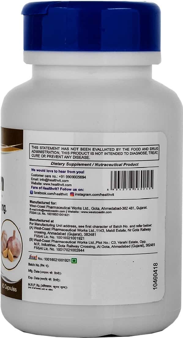 Buy HEALTHVIT GARLIN GARLIC POWDER 300 MG FOR CHOLESTEROL 60 CAPSULES