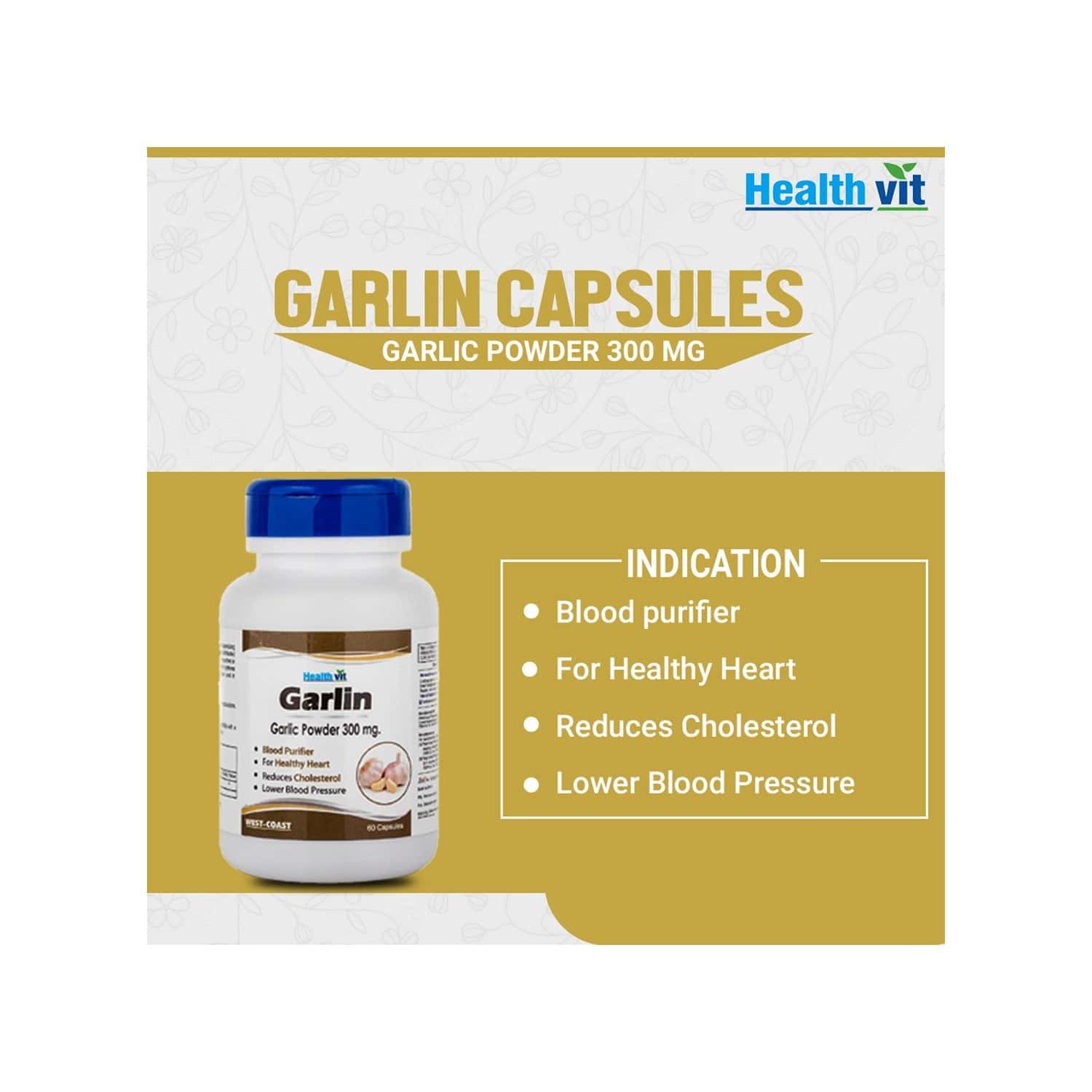 Buy HEALTHVIT GARLIN GARLIC POWDER 300 MG FOR CHOLESTEROL 60 CAPSULES
