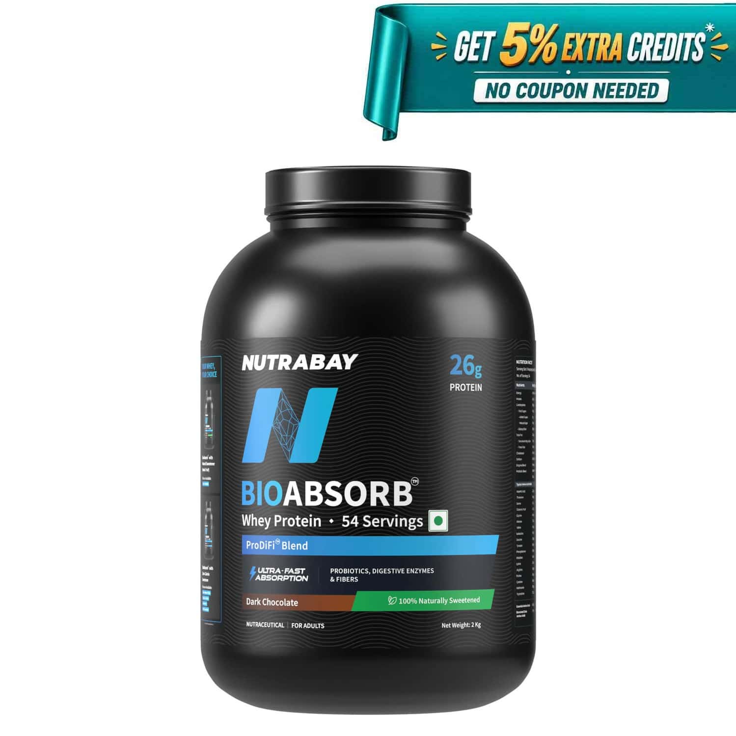 Nutrabay Bioabsorb Whey Protein Powder | Prodifi Blend | 26g Per Scoop | Dark Chocolate - 2kg