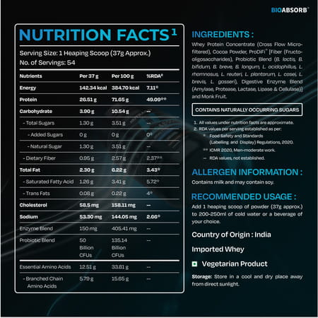 Nutrabay Bioabsorb Whey Protein Powder | Prodifi Blend | 26g Per Scoop | Dark Chocolate - 2kg