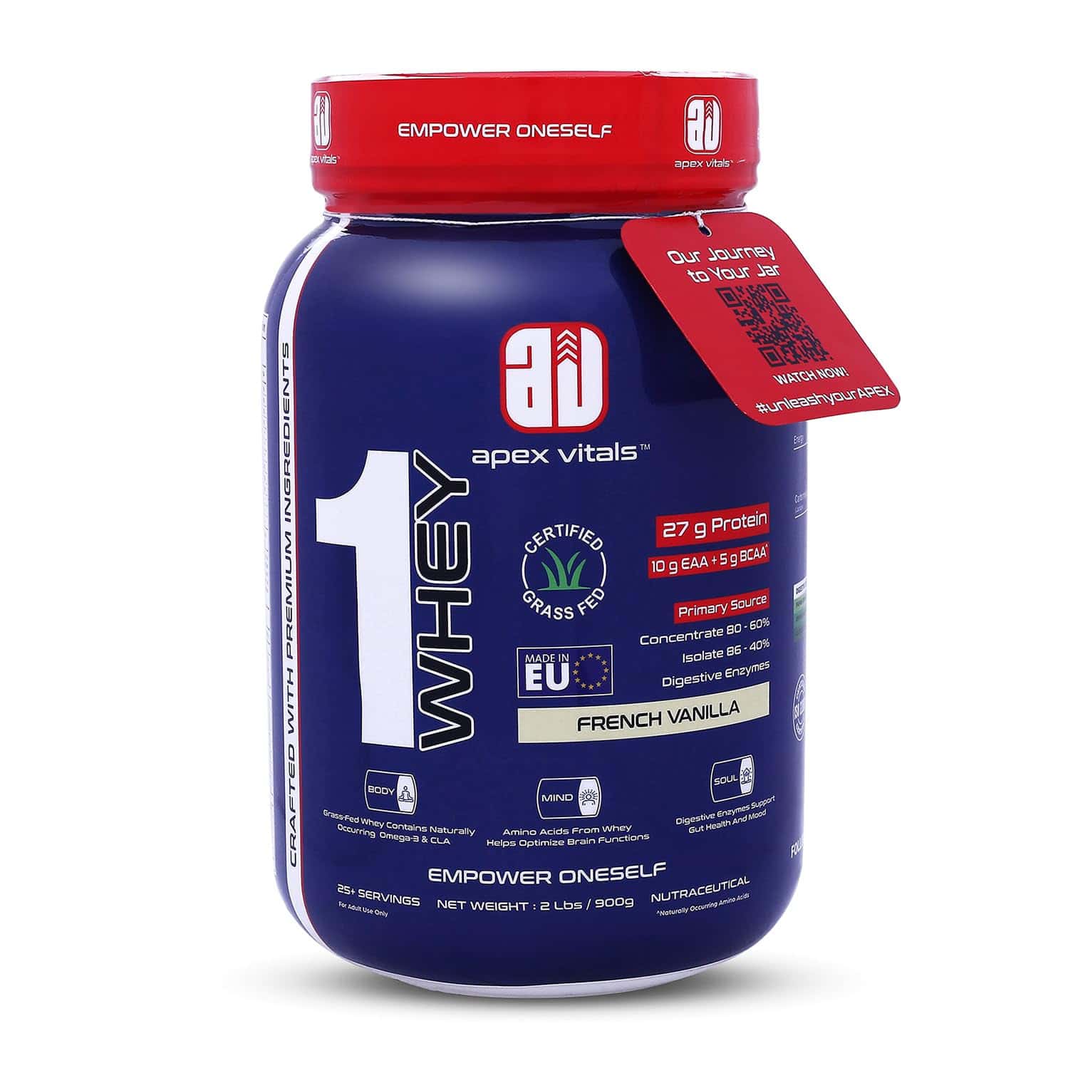 Apex Vitals 1 Whey|grass-fed Whey 27g Protein Digestive Enzymes|2lbs (900g)-25+ Ser- French Vanilla