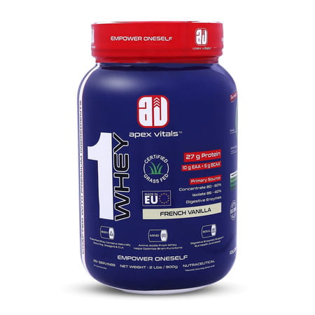 Apex Vitals 1 Whey|Grass-Fed Whey 27g Protein Digestive Enzymes|2lbs (900g)-25+ Ser- French Vanilla