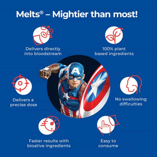 Wellbeing Nutrition Captain America Melts - Kids Multivitamin -Mixed Berry (30 Strips)