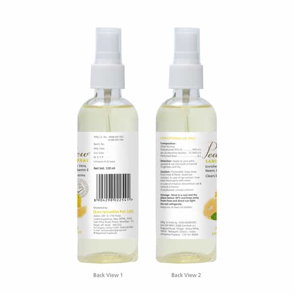 Pearldew Sanitizer Spray (Lemon & Mint) 120 Ml | Aloe & Neem | Paraben Free (Pack Of 12)
