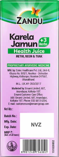 Zandu Karela Jamun + 3 Herbs Health Juice - 500 Ml