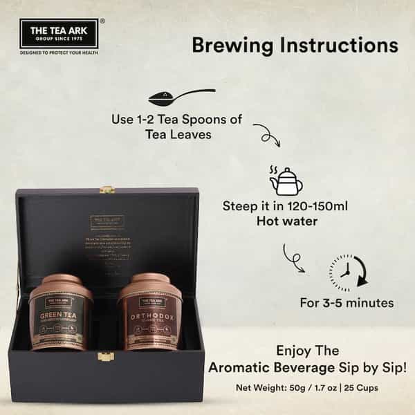 The Tea Ark Delight Tea Gift Box | Orthodox Black Tea & High Grown Long Leaf Green Tea (50G X2 Tins)