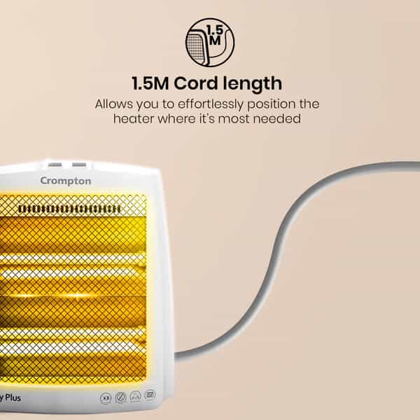 Crompton Comfy Plus 800 Watt Quartz Room Heater With 2 Heat Setting | Handle | Neon Lamp Indicator