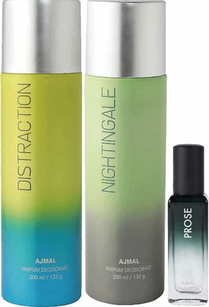 Ajmal Distraction & Nightingale Deo Each 200Ml & Prose Edp 20Ml Pack Of 3 + 2 Parfum Testers