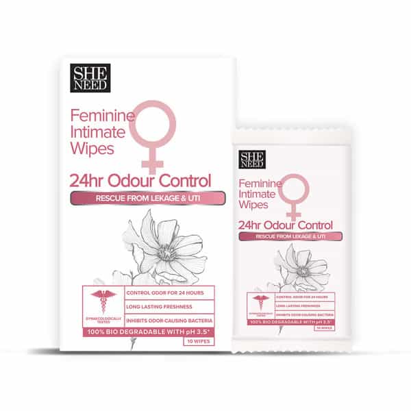 Sheneed Feminine Intimate 24Hr Odour Control Wipes|Rescue From Leakage & Uti|Gynac Approved|10N X 1