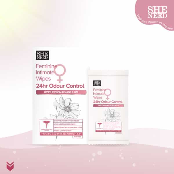 Sheneed Feminine Intimate 24Hr Odour Control Wipes|Rescue From Leakage & Uti|Gynac Approved|10N X 1