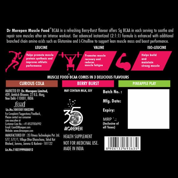 Dr. Morepen Muscle Food Bcaa For Lean Muscle & Strength Berry Burst - 250G