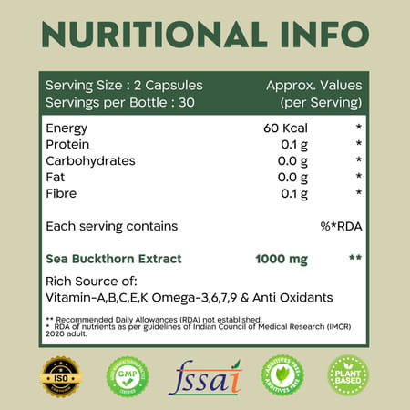 Nutrabud Sea Buckthorn Berry 1000mg | Antioxidant & Skin Support | 60 Veg Capsules