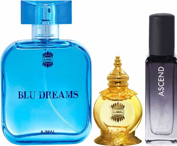 Ajmal Blu Dreams Edp 100Ml,Mukhallat Al Wafa Cp 12Ml & Ascend Edp 20Ml Pack 3 For Unisex + 2 Parfum