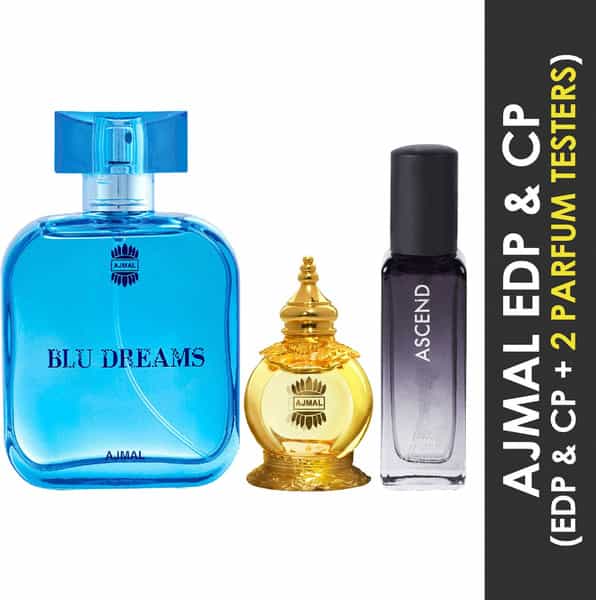 Ajmal Blu Dreams Edp 100Ml,Mukhallat Al Wafa Cp 12Ml & Ascend Edp 20Ml Pack 3 For Unisex + 2 Parfum