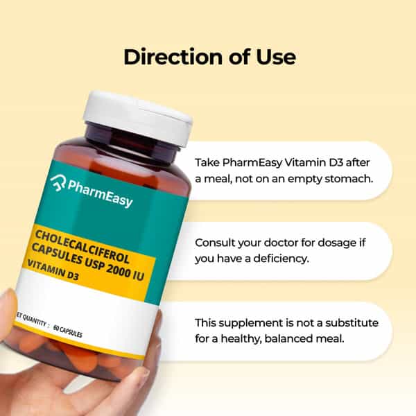 Pharmeasy Vitamin D3 - Supports Bone Health - Helps In Absorption Of Calcium - Bottle Of 60