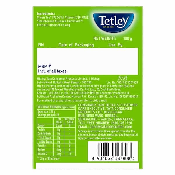 Tetley Long Leaf Green Tea| With Added Vitamin C| Classic Green Tea| 100G
