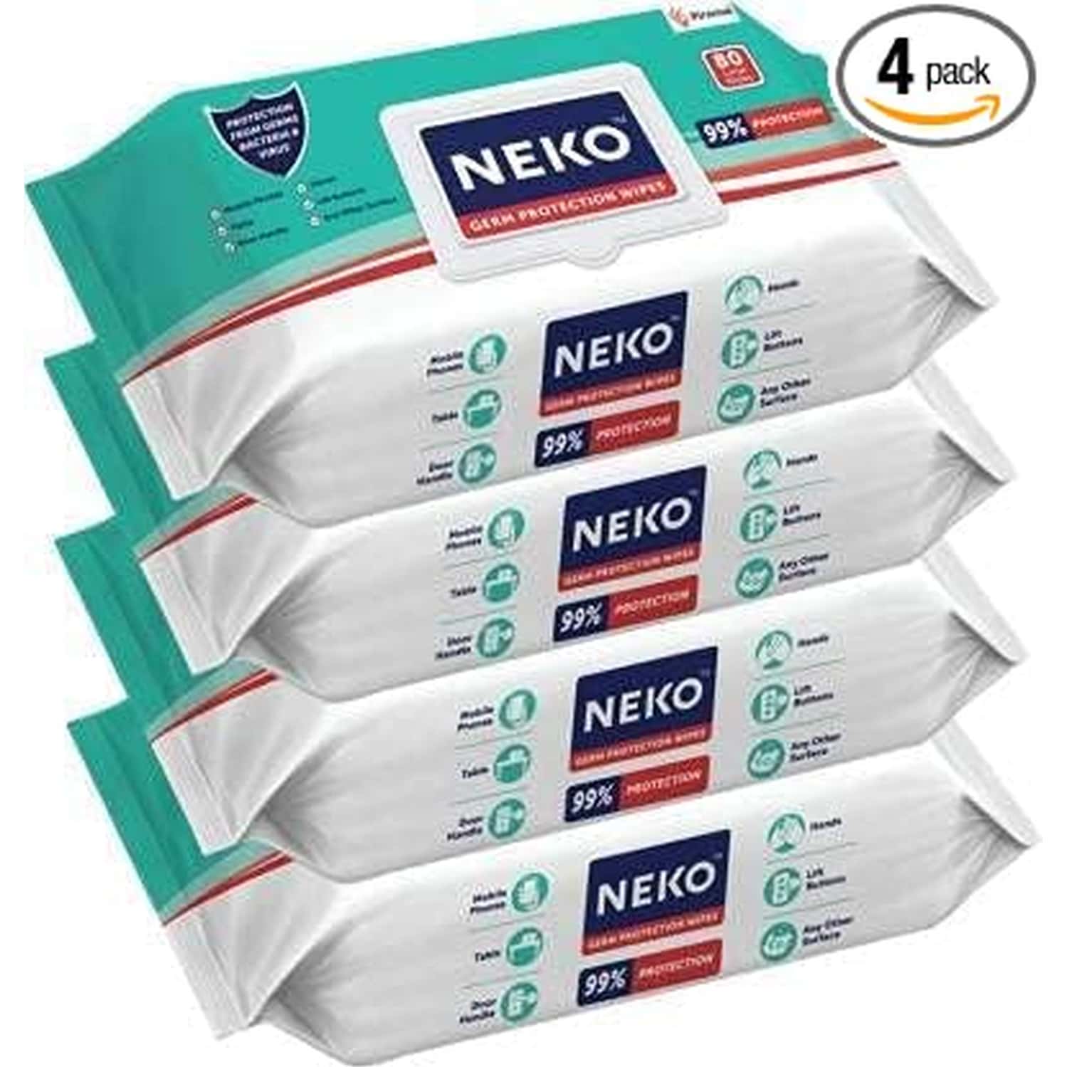 Neko Germ Protection Wipes 80s Lid Pack | Large Sized Wipes 200mm X 200mm | Pack Of 4 | White