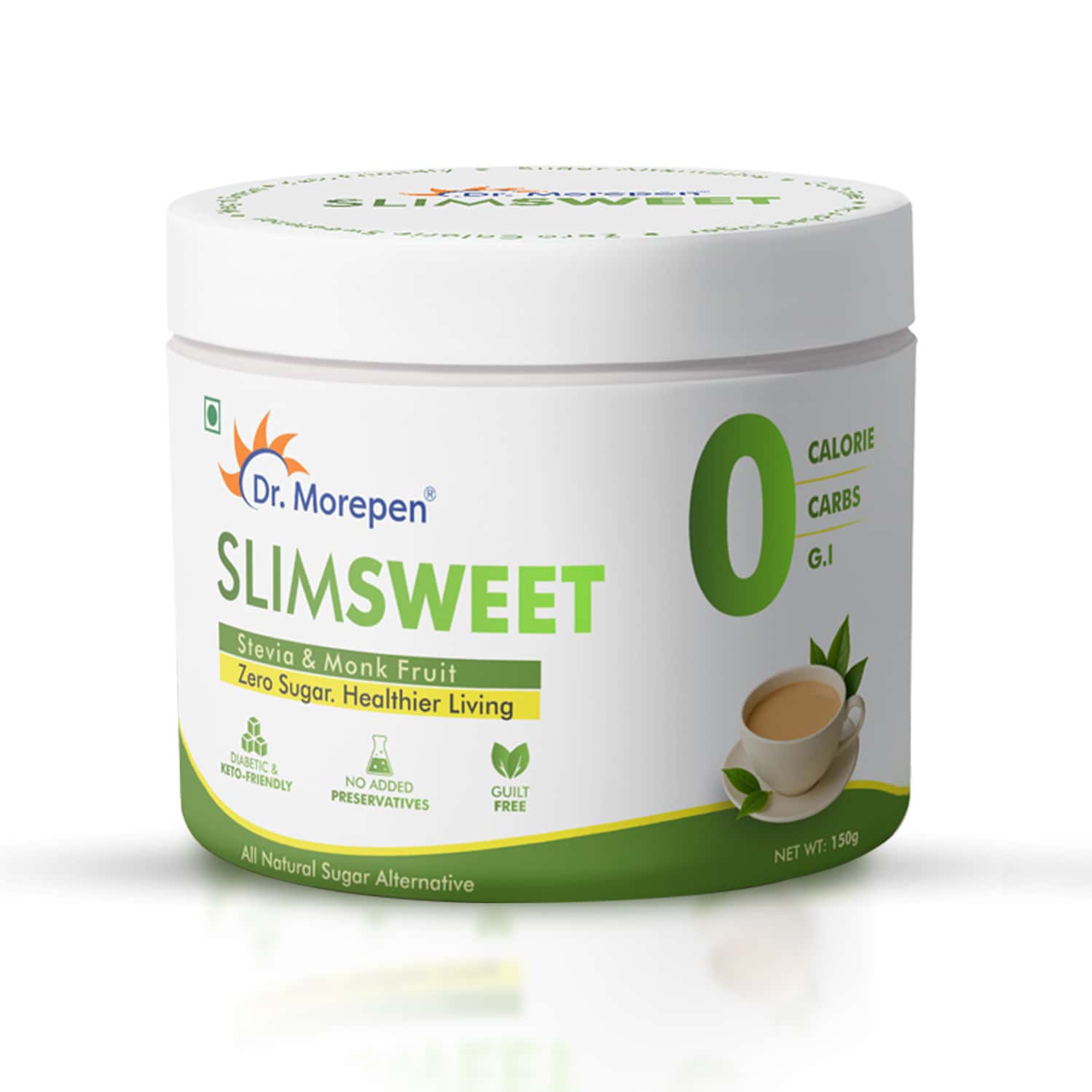 Dr. Morepen Slimsweet Sugar Substitute With Stevia & Monk Fruit Zero Calorie Sweetener Jar 150 Gm