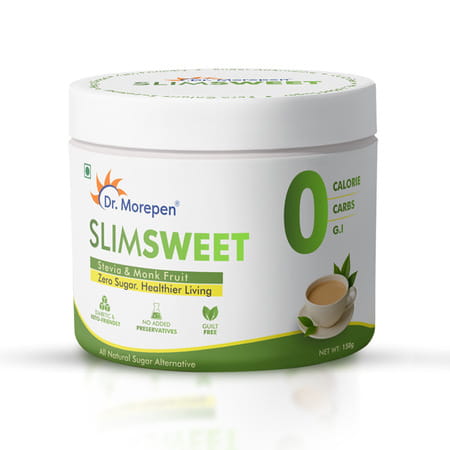 Dr. Morepen Slimsweet Sugar Substitute With Stevia & Monk Fruit Zero Calorie Sweetener Jar 150 Gm