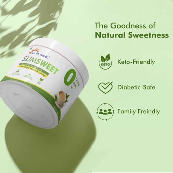 Dr. Morepen Slimsweet Sugar Substitute With Stevia & Monk Fruit Zero Calorie Sweetener Jar 150 Gm
