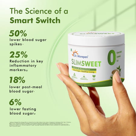 Dr. Morepen Slimsweet Sugar Substitute With Stevia & Monk Fruit Zero Calorie Sweetener Jar 150 Gm
