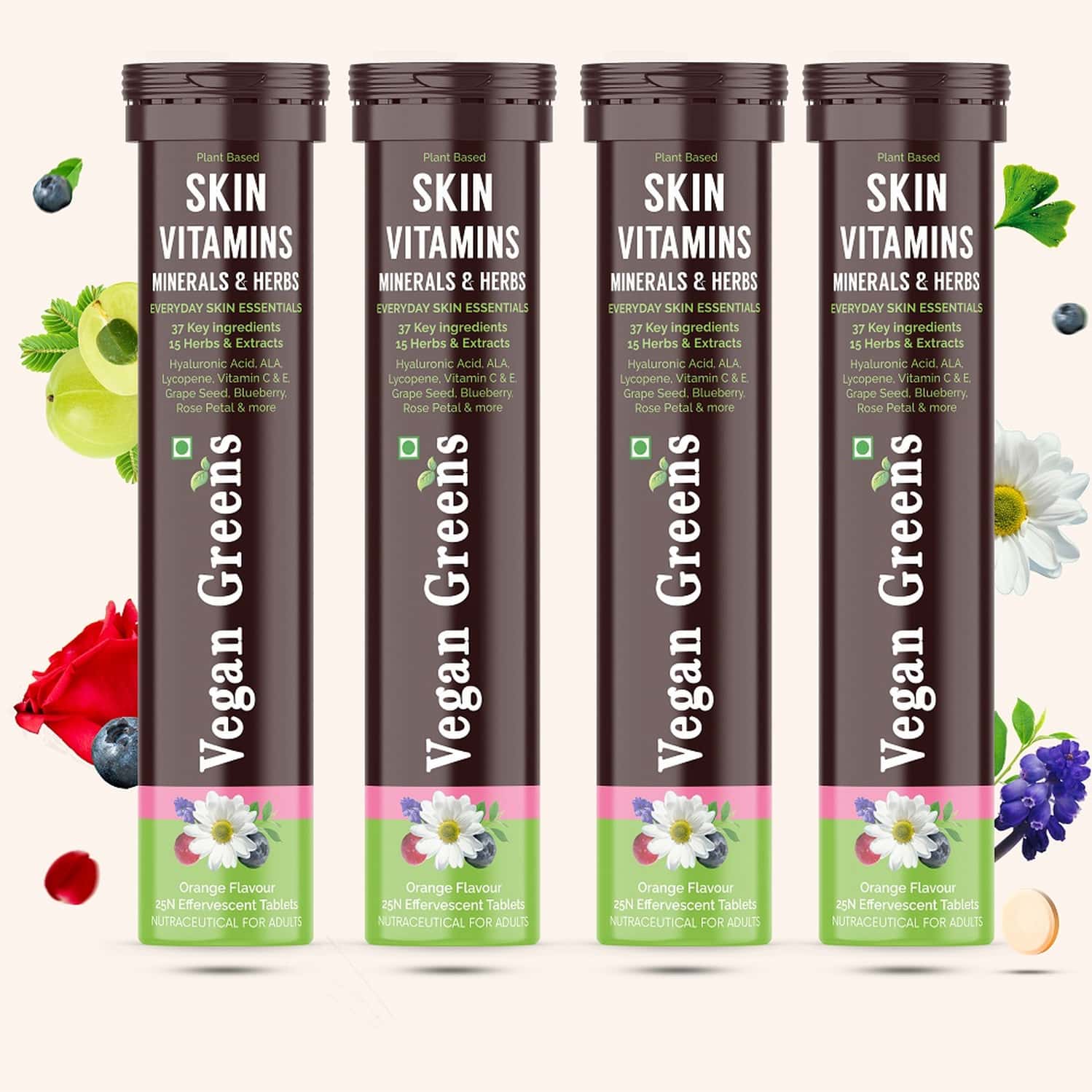 Vegan Greens Skin Vitamins 37 Ingredients, Herbs +hyaluronic Acid, Ala, Vit. E &c 100 Effer., Orange