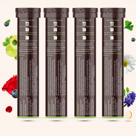 Vegan Greens Skin Vitamins 37 Ingredients, Herbs +Hyaluronic Acid, Ala, Vit. E &C 100 Effer., Orange