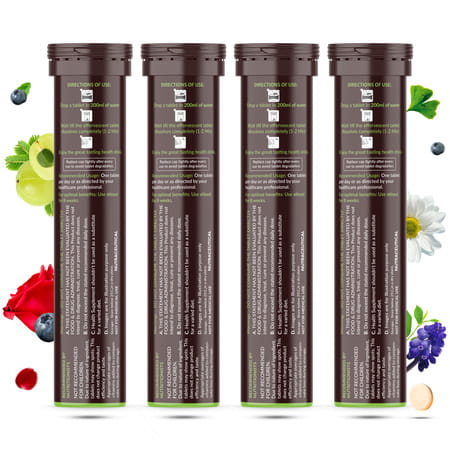 Vegan Greens Skin Vitamins 37 Ingredients, Herbs +Hyaluronic Acid, Ala, Vit. E &C 100 Effer., Orange