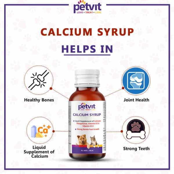 Petvit Calcium Syrup For Dog Stronger Bones Teeth & Growth In Pet For All Age Group 100Ml