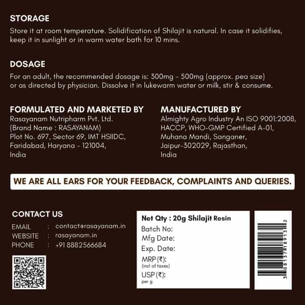 Rasayanam Pure Shilajit |75% Fulvic Acid For Energy & Stamina|20G Pack Of 1