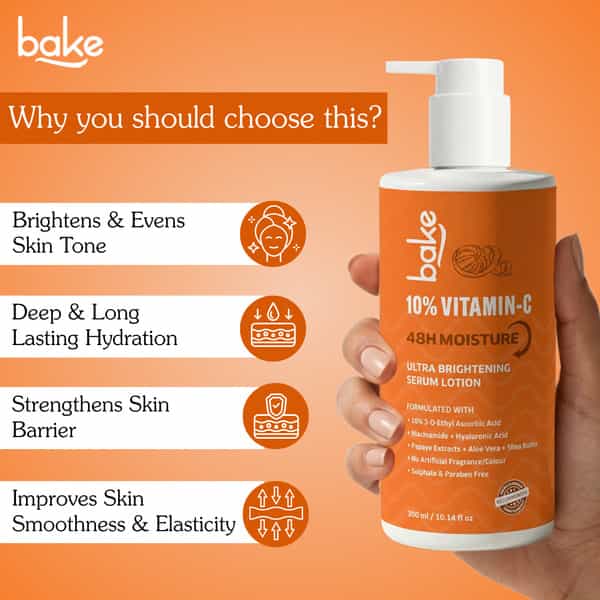Bake 10% Vitamin C Ultra Brightening Serum Lotion | 48H Hydration Boost | Smooth Glowing Skin| 300Ml