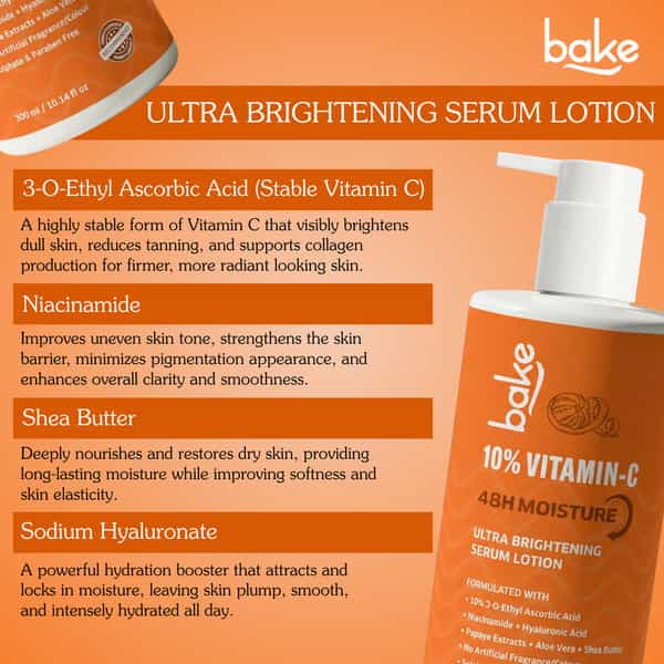 Bake 10% Vitamin C Ultra Brightening Serum Lotion | 48H Hydration Boost | Smooth Glowing Skin| 300Ml
