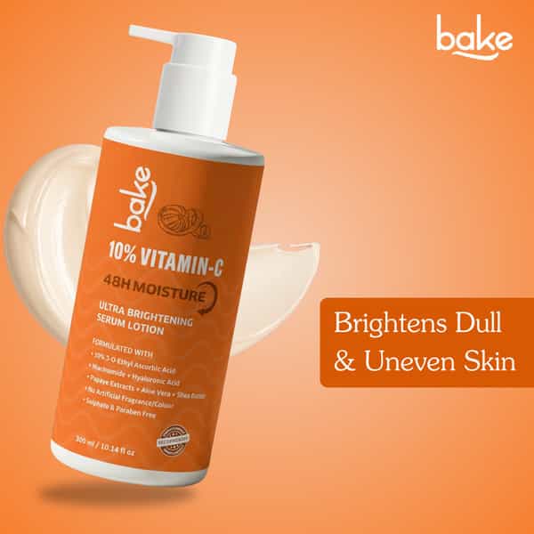 Bake 10% Vitamin C Ultra Brightening Serum Lotion | 48H Hydration Boost | Smooth Glowing Skin| 300Ml
